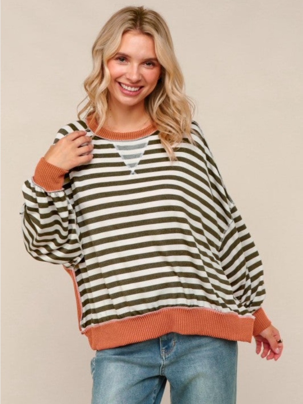 🆕 HAPTICS Crew Neck Loose Fit Stripe
Pullover Knit Top OLIVE/RUST MEDIUM
